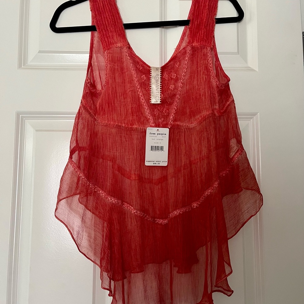 Free People New Romantics Vibrant Orange sheer Tank Top - Picture 2 of 3